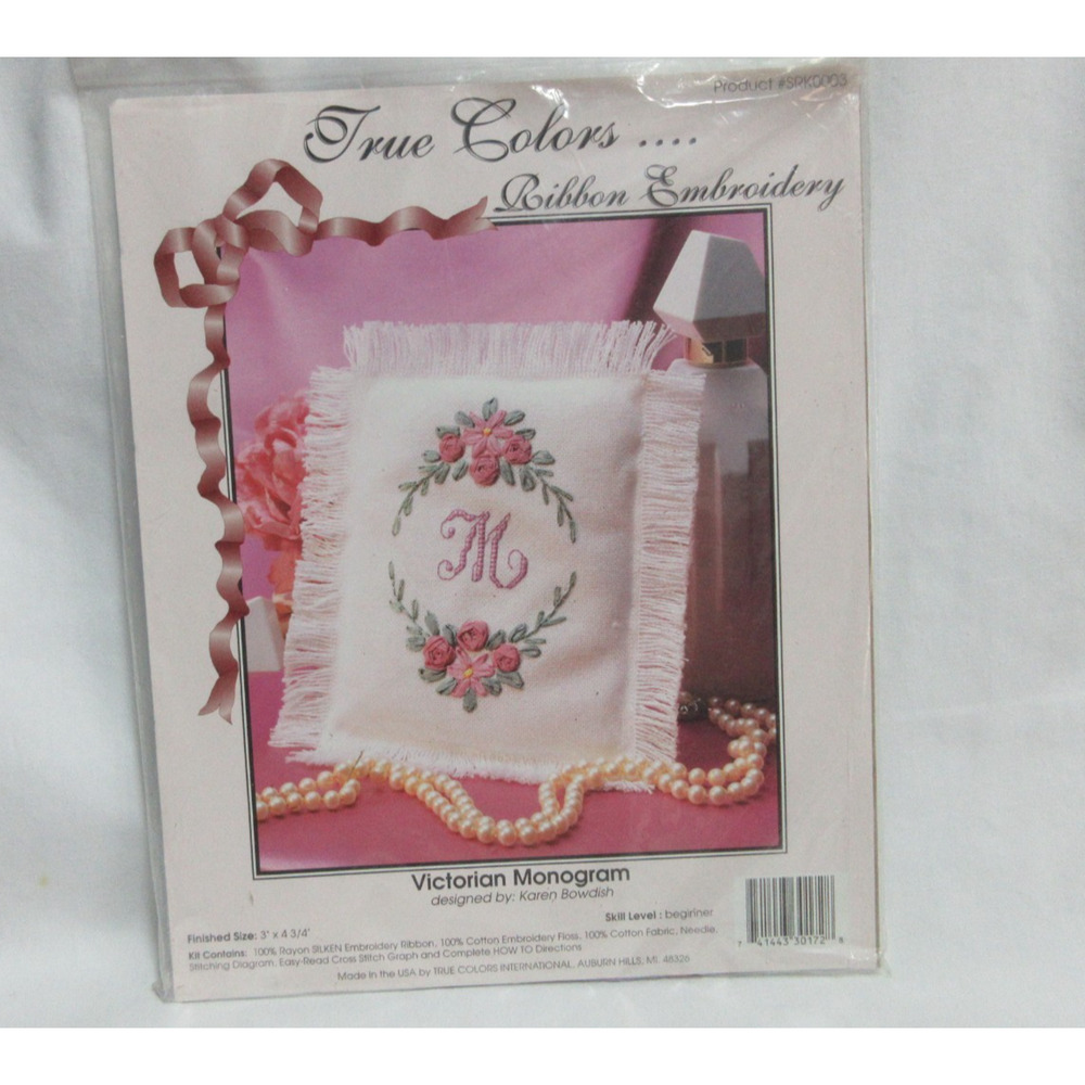 True Colors Ribbon Embroidery Kit Victorian Monogram by Karen Bowdish 3"x4 3/4"